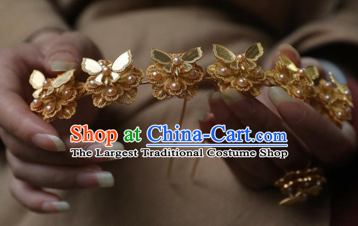 Chinese Traditional Court Pearls Hairpin Hanfu Hair Accessories Ancient Ming Dynasty Empress Golden Butterfly Hair Crown