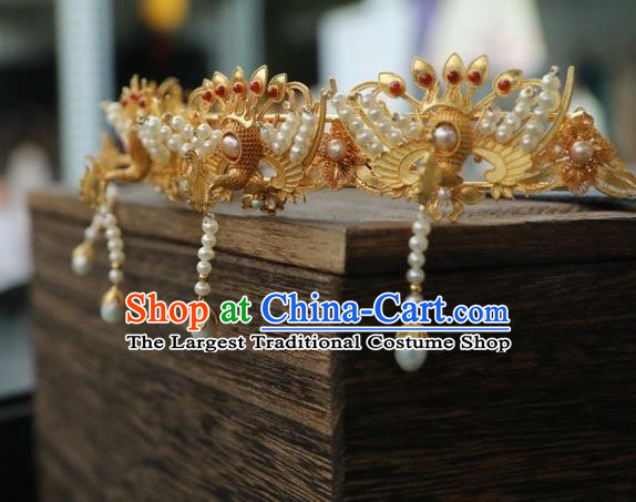 Chinese Traditional Pearls Tassel Hairpin Hanfu Hair Accessories Ancient Ming Dynasty Empress Golden Phoenix Hair Crown