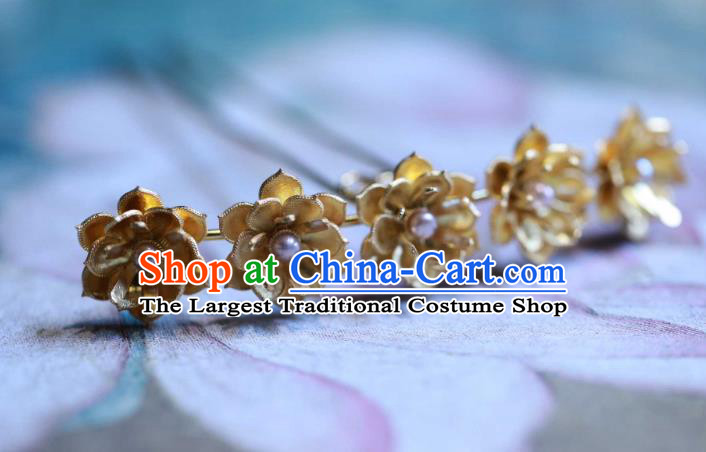 Chinese Traditional Ming Dynasty Pearls Hair Stick Handmade Hair Accessories Ancient Empress Golden Lotus Hairpin