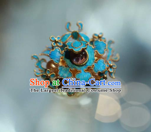 Chinese Traditional Qing Dynasty Cloisonne Earrings Accessories Ancient Empress Tourmaline Pearls Ear Jewelry