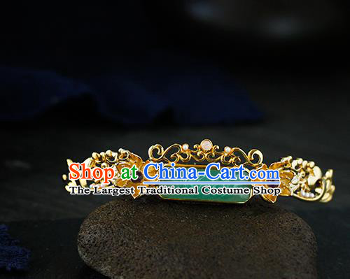 Chinese Ancient Empress Jade Carving Lotus Hairpin Traditional Ming Dynasty Golden Pearls Hair Stick