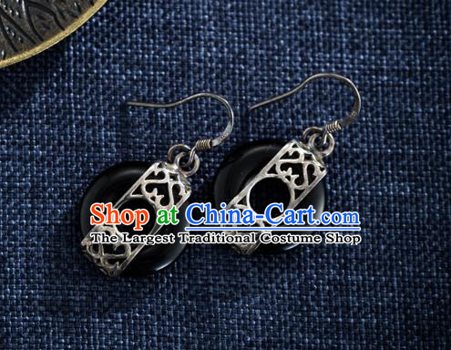 Chinese Traditional Silver Earrings Accessories National Cheongsam Dark Jade Ear Jewelry