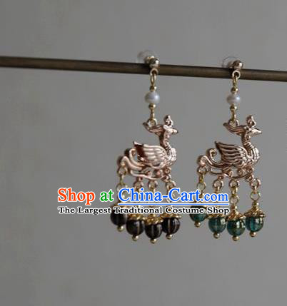 Chinese Ancient Queen Golden Phoenix Ear Jewelry Traditional Ming Dynasty Green Beads Tassel Earrings Accessories