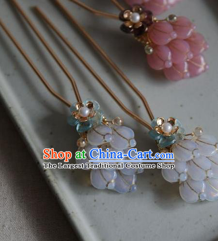 Chinese Ancient Princess Blue Flowers Hairpin Traditional Ming Dynasty Hanfu Pearls Hair Stick