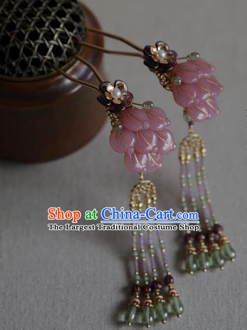 Chinese Ancient Princess Beads Tassel Hairpin Traditional Ming Dynasty Hanfu Pink Flowers Hair Stick