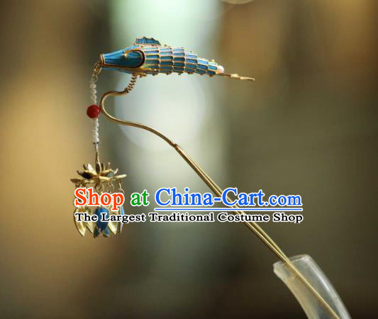 Chinese Traditional Pearls Tassel Hairpin Handmade Hair Accessories Ancient Empress Cloisonne Lotus Fish Hair Stick