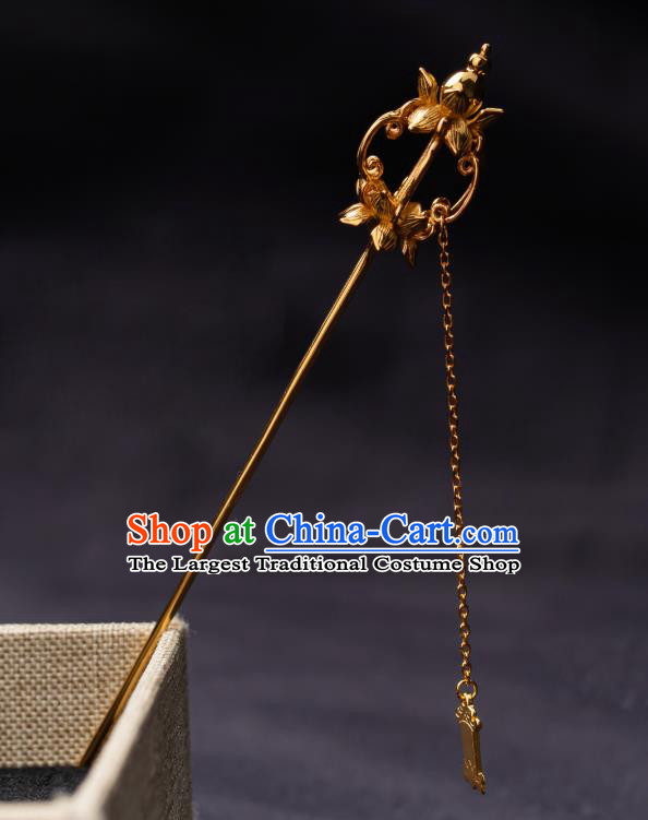 Chinese Traditional Ming Dynasty Empress Hairpin Ancient Queen Golden Lotus Tassel Hair Stick