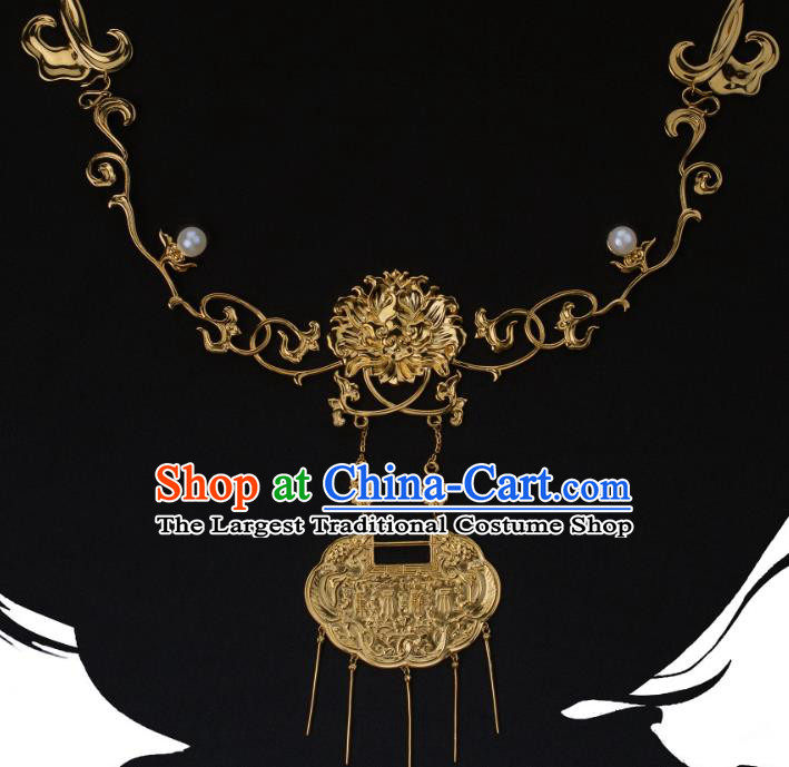 China Traditional Ming Dynasty Golden Tassel Necklace Jewelry Accessories National Longevity Lock Pendant