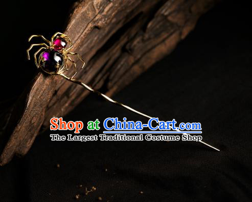 Chinese Ancient Court Queen Amethyst Hairpin Handmade Hair Accessories Traditional Ming Dynasty Golden Spider Hair Stick