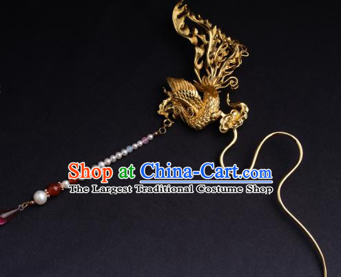 Chinese Ancient Empress Pearls Tassel Hairpin Handmade Hair Accessories Traditional Ming Dynasty Golden Phoenix Hair Stick