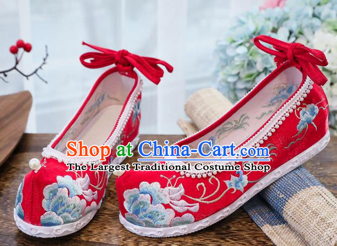 China Traditional Hanfu Bow Shoes Handmade National Pearls Shoes Embroidered Peony Shoes Wedding Red Shoes