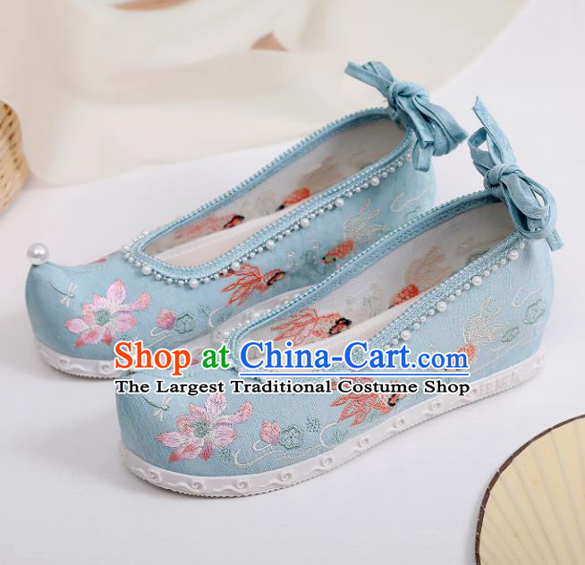 China Embroidered Lotus Shoes Hanfu Bow Shoes Traditional Pearls Shoes Handmade National Blue Cloth Shoes