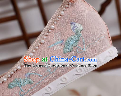 China Handmade National Pink Cloth Shoes Embroidered Lotus Shoes Hanfu Bow Shoes Traditional Pearls Shoes