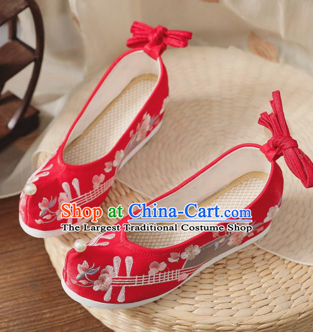 China Handmade Hanfu Bow Shoes National Red Cloth Shoes Traditional Wedding Shoes Embroidered Shoes