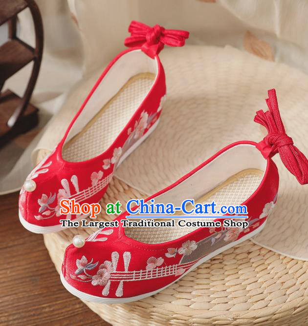 China Handmade Hanfu Bow Shoes National Red Cloth Shoes Traditional Wedding Shoes Embroidered Shoes