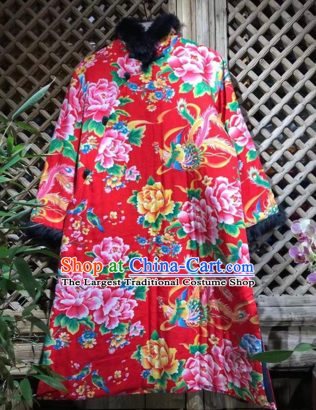 China National Wedding Upper Outer Garment Winter Costume Traditional Printing Phoenix Peony Cotton Padded Coat