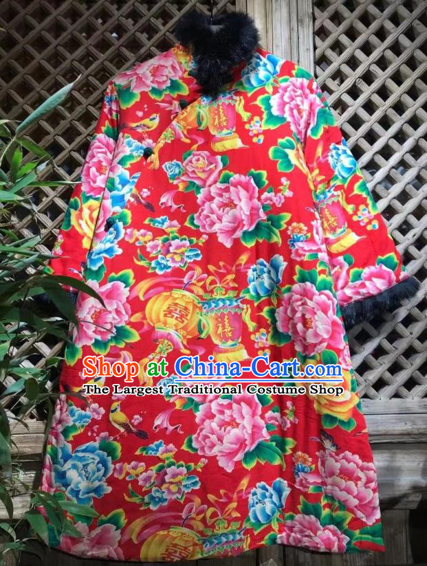 China Traditional Printing Peony Lantern Cotton Padded Coat National Wedding Upper Outer Garment Tang Suit Costume