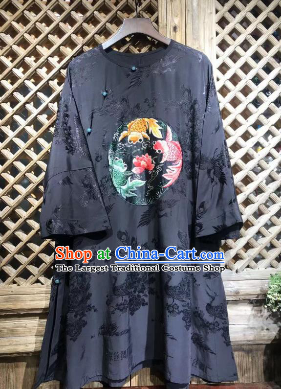 China National Tang Suit Upper Outer Garment Costume Traditional Peacock Pattern Navy Silk Shirt Embroidered Lotus Fish Blouse