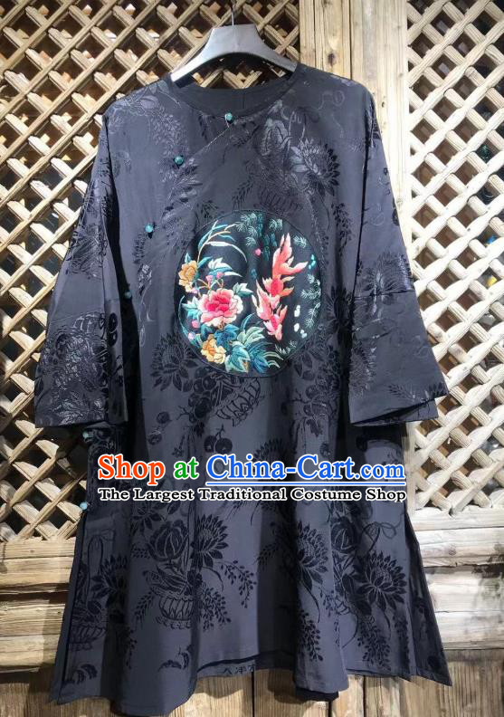 China Embroidered Peony Fish Blouse National Tang Suit Upper Outer Garment Costume Traditional Chrysanthemum Pattern Navy Silk Shirt