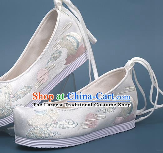 China Hanfu Bow Shoes Traditional Shoes Handmade National White Satin Shoes Embroidered Moon Rabbit Shoes