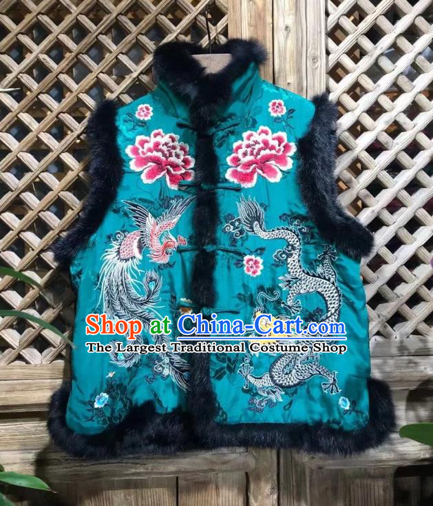 Republic of China Embroidered Dragon Phoenix Cotton Padded Vest Tang Suit Blue Silk Waistcoat