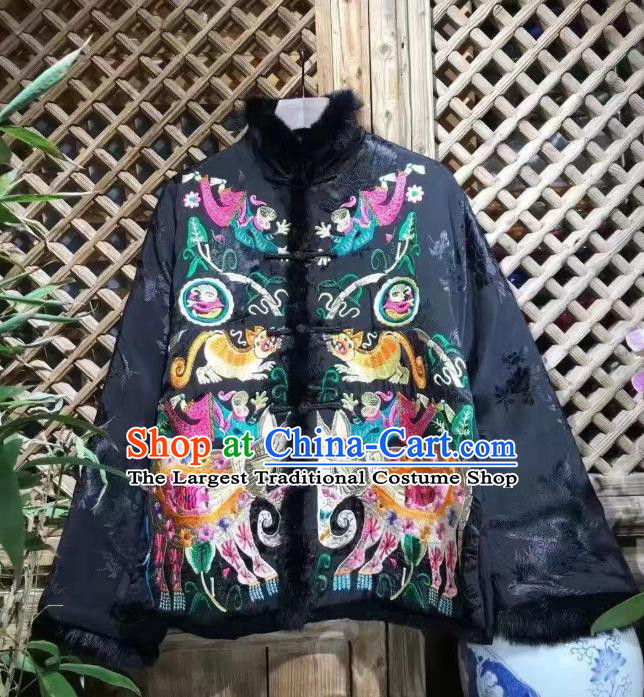 China Traditional Embroidered Jacket National Outer Garment Tang Suit Black Silk Cotton Padded Coat