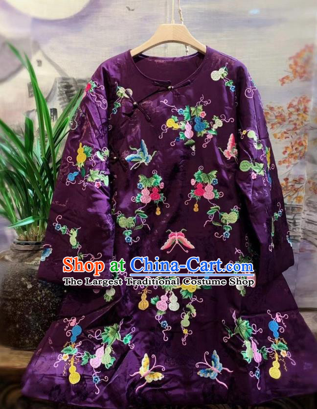 China Tang Suit Cotton Padded Coat Traditional Embroidered Butterfly Deep Purple Silk Jacket National Outer Garment