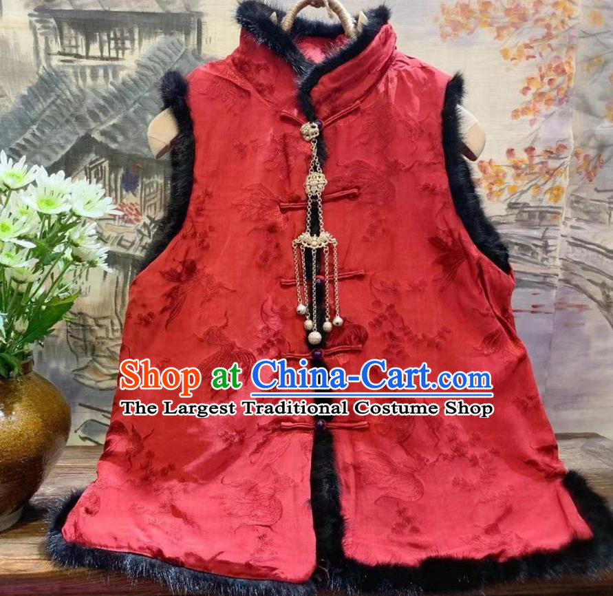 China Goldfish Pattern Silk Vest Tang Suit Red Waistcoat National Women Upper Outer Garment Winter Clothing