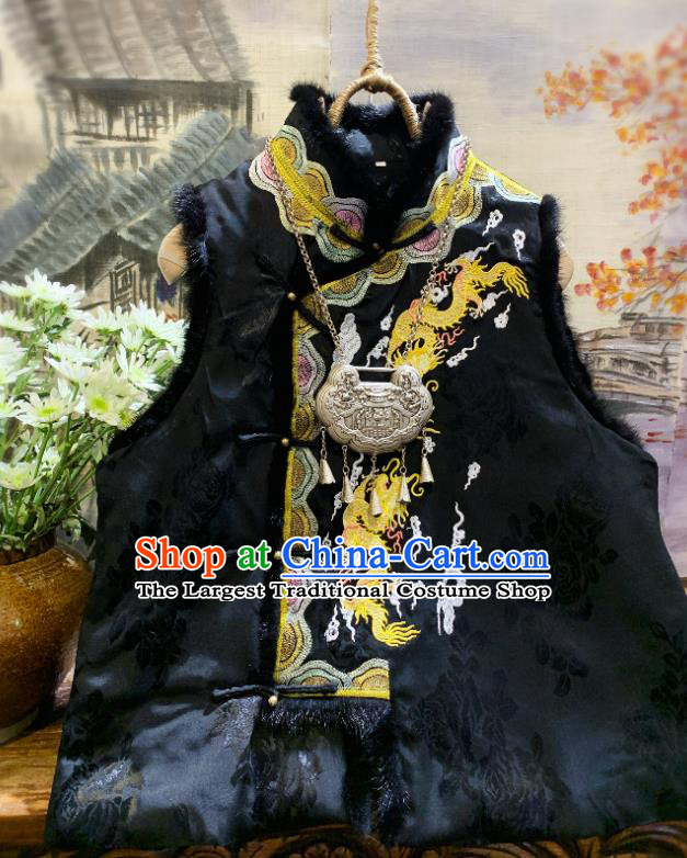 China National Upper Outer Garment Clothing Embroidered Dragon Black Vest Tang Suit Silk Waistcoat