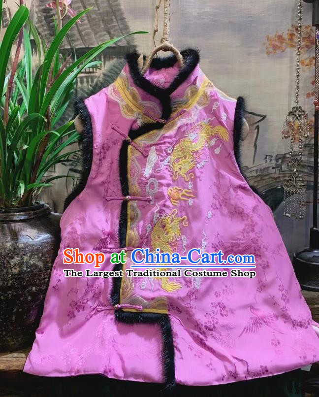 China Tang Suit Pink Silk Waistcoat National Upper Outer Garment Clothing Embroidered Dragon Vest