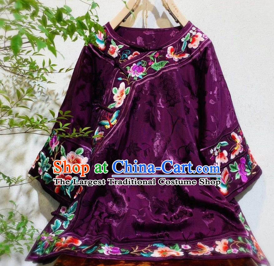 China Traditional Qing Dynasty Women Purple Silk Jacket Tang Suit Embroidered Blouse