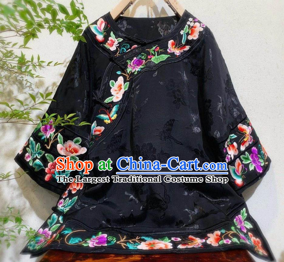 China Tang Suit Embroidered Blouse Traditional Qing Dynasty Women Black Silk Jacket