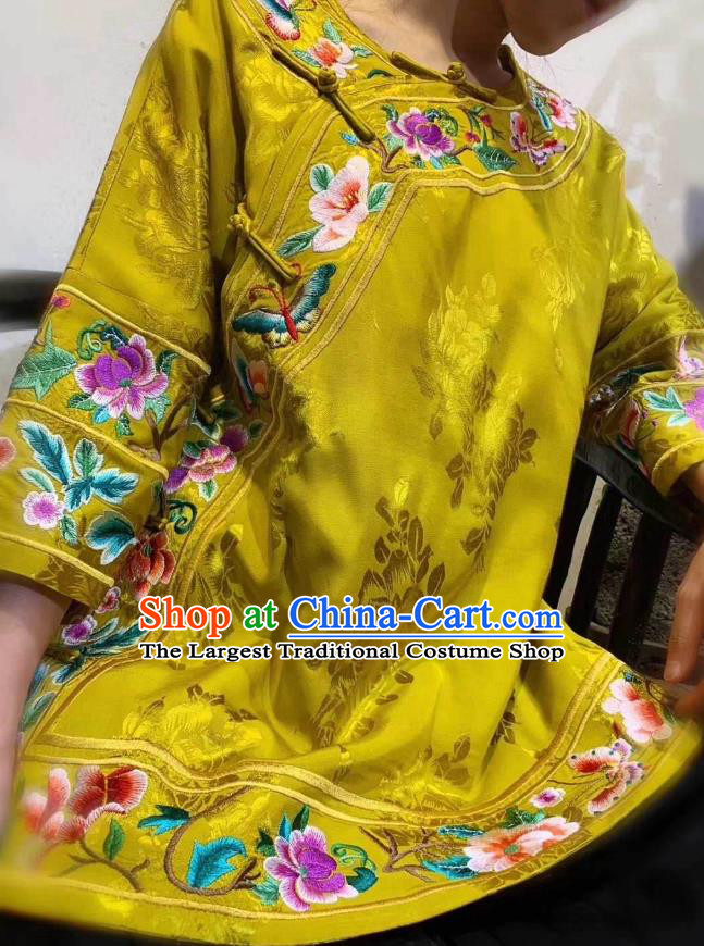 China Tang Suit Embroidered Clothing Traditional Qing Dynasty Women Golden Silk Jacket