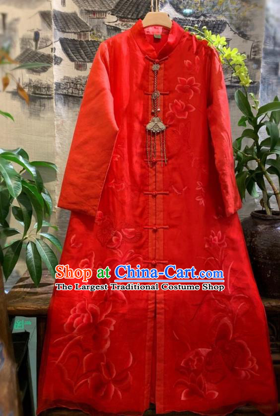 China Traditional Red Silk Dust Coat Tang Suit Clothing National Outer Wear