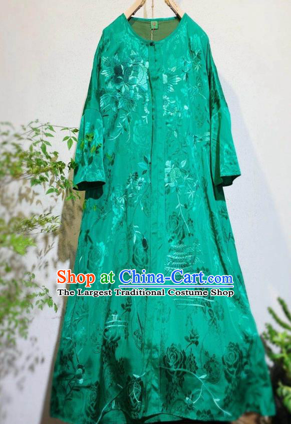 Chinese National Clothing Embroidered Long Qipao Dress Traditional Green Silk Cheongsam