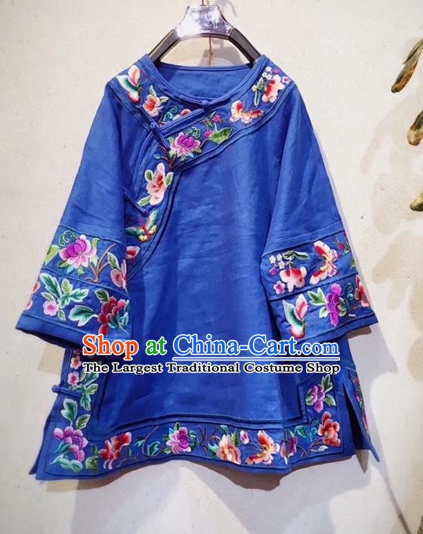 China Traditional Royalblue Flax Blouse Tang Suit Upper Outer Garment National Embroidered Shirt Clothing