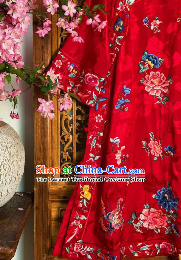 Chinese Traditional Embroidered Peony Butterfly Cheongsam National Wedding Clothing Red Silk Qipao Dress