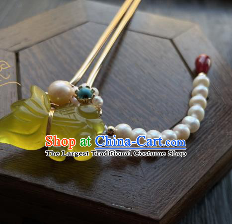 Chinese Handmade Pearls Tassel Hairpin Traditional Hanfu Hair Accessories Ancient Princess Topaz Goldfish Hair Stick