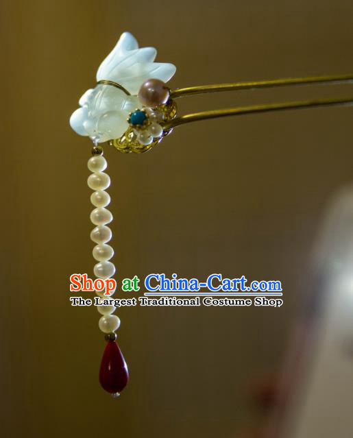 Chinese Ancient Princess Jade Goldfish Hair Stick Handmade Pearls Tassel Hairpin Traditional Hanfu Hair Accessories