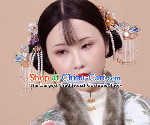 Chinese Handmade Blueing Phoenix Hairpin Traditional Ming Dynasty Hanfu Hair Accessories Ancient Empress Pearls Tassel Hair Stick
