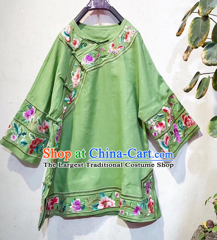 China Traditional Green Flax Blouse Tang Suit Shirt Clothing National Embroidered Upper Outer Garment