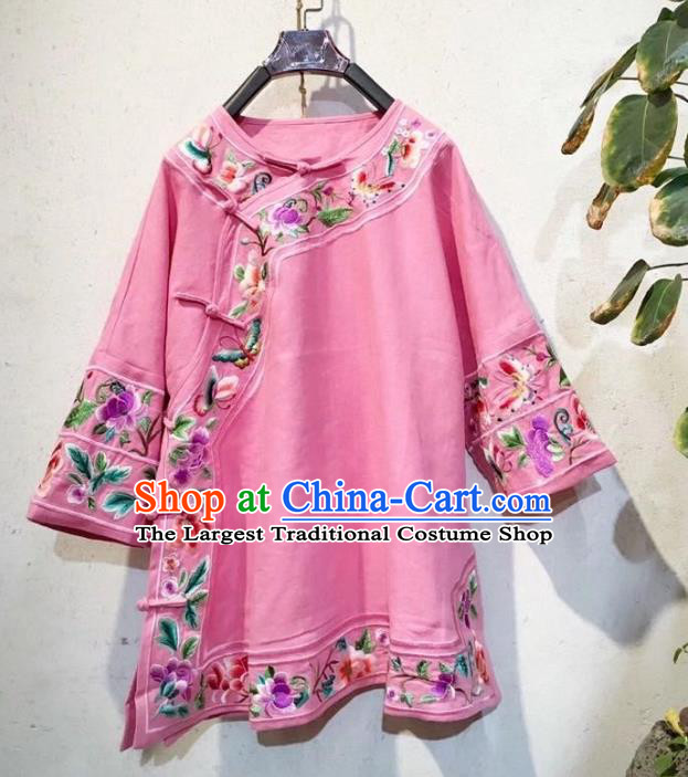 China National Embroidered Upper Outer Garment Traditional Pink Flax Blouse Tang Suit Shirt Clothing