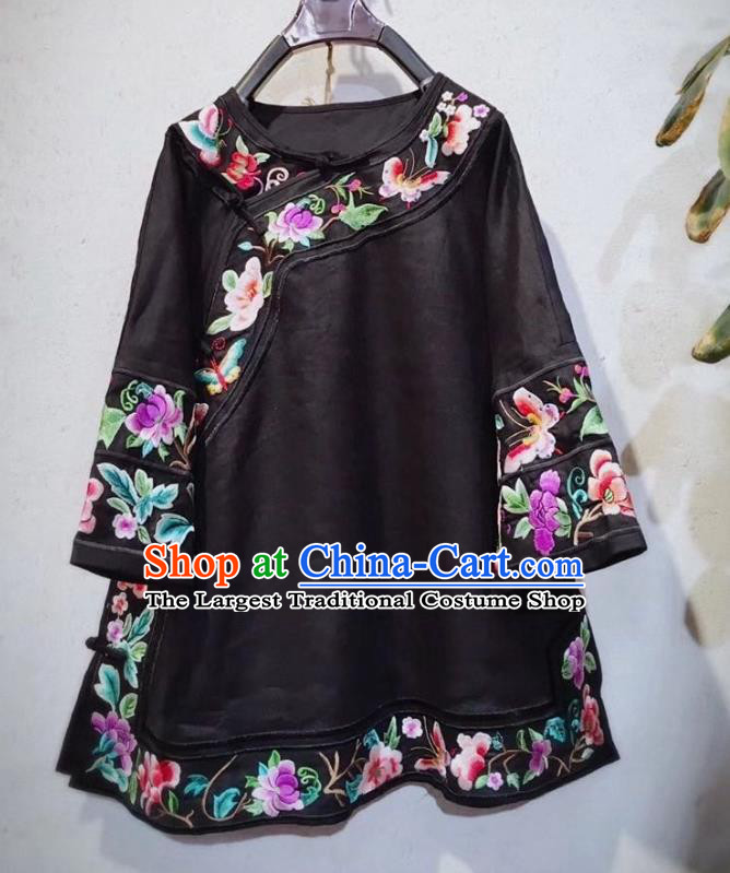 China Tang Suit Upper Outer Garment National Embroidered Shirt Clothing Traditional Black Flax Blouse