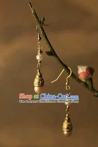China Traditional Golden Earrings Ancient Qing Dynasty Imperial Consort Pearls Ear Jewelry