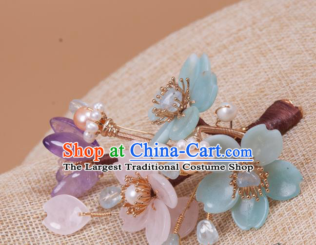 Chinese Handmade Flowers Hair Stick Traditional Ming Dynasty Hanfu Hair Accessories Ancient Princess Pearls Hairpin