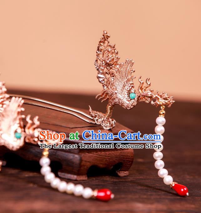 Chinese Handmade Tassel Hair Stick Traditional Ming Dynasty Hanfu Hair Accessories Ancient Empress Golden Phoenix Hairpin