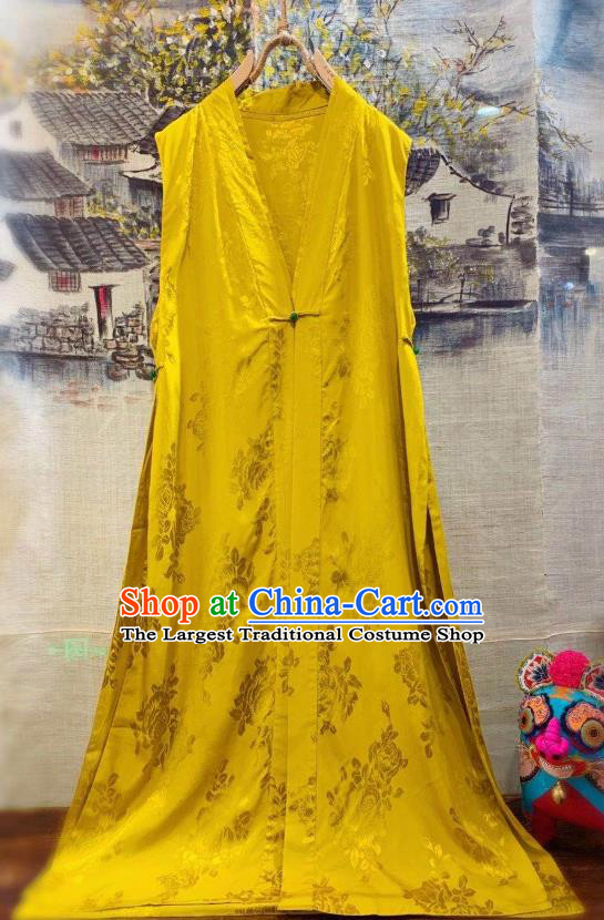 China Tang Suit Waistcoat National Clothing Embroidered Dragons Golden Silk Long Vest