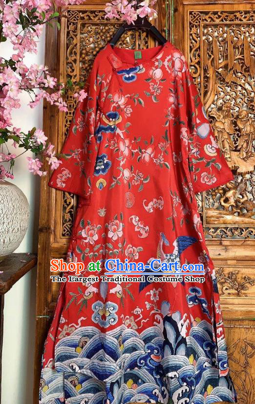 Chinese Traditional Printing Red Silk Cheongsam Clothing National Qipao Dress