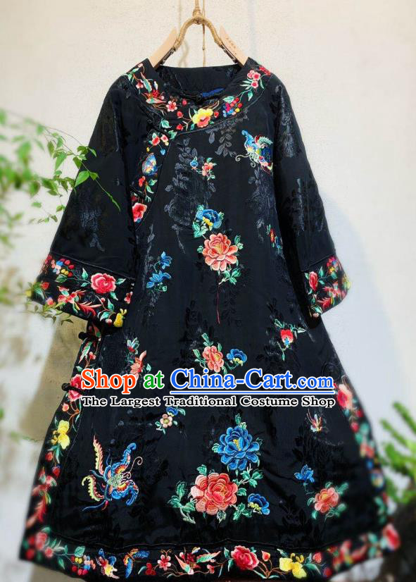 Chinese National Qipao Dress Traditional Embroidered Peony Black Silk Cheongsam Clothing