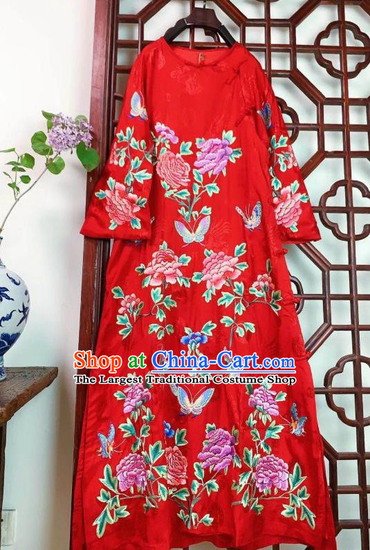 Chinese National Red Silk Qipao Dress Traditional Embroidered Peony Long Cheongsam Clothing